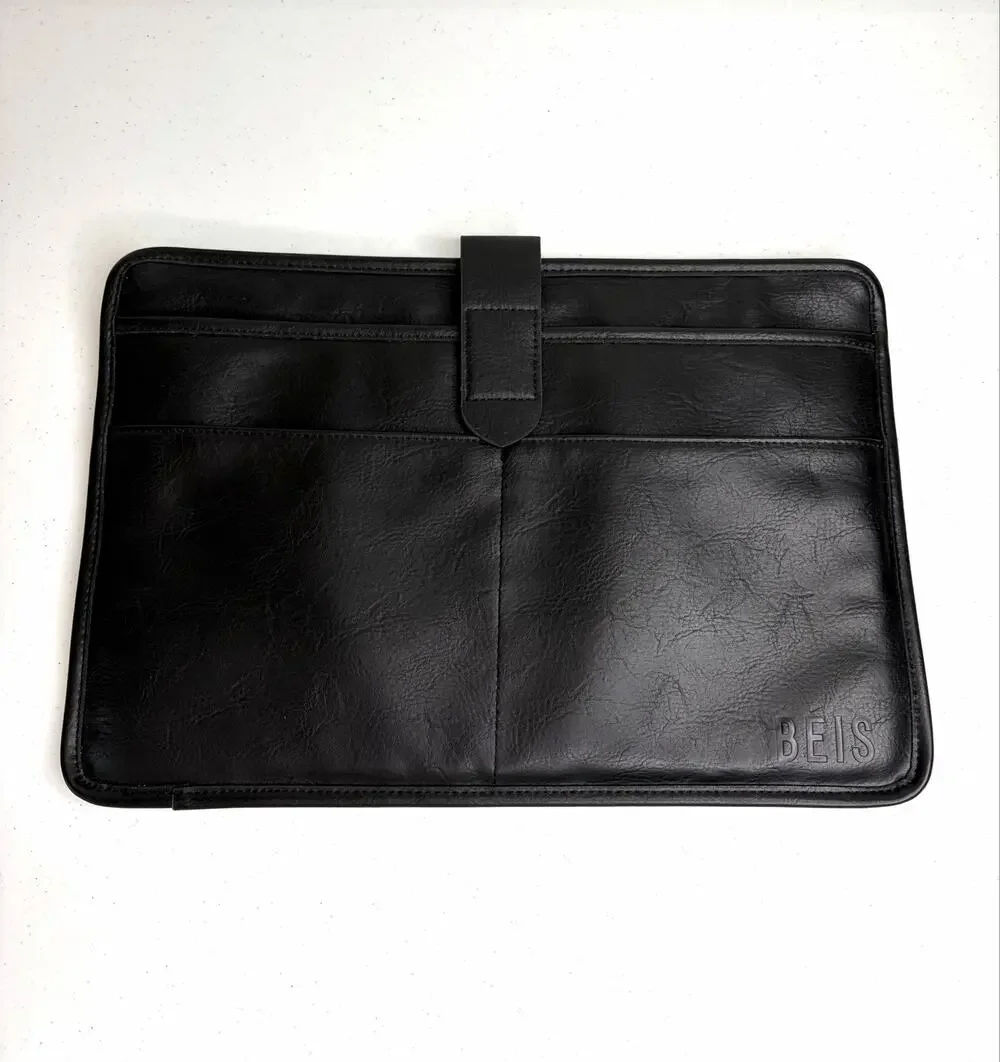 BEIS Laptop Sleeve Portfolio Case Black Faux Leather Travel Organizer Office EUC